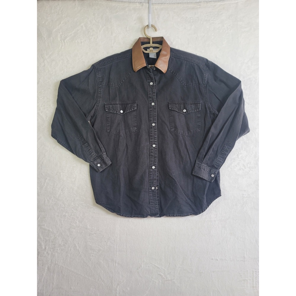 And You Vintage Mens Black Denim Western Shirt Brown Leather Collar M Y2K Cowboy